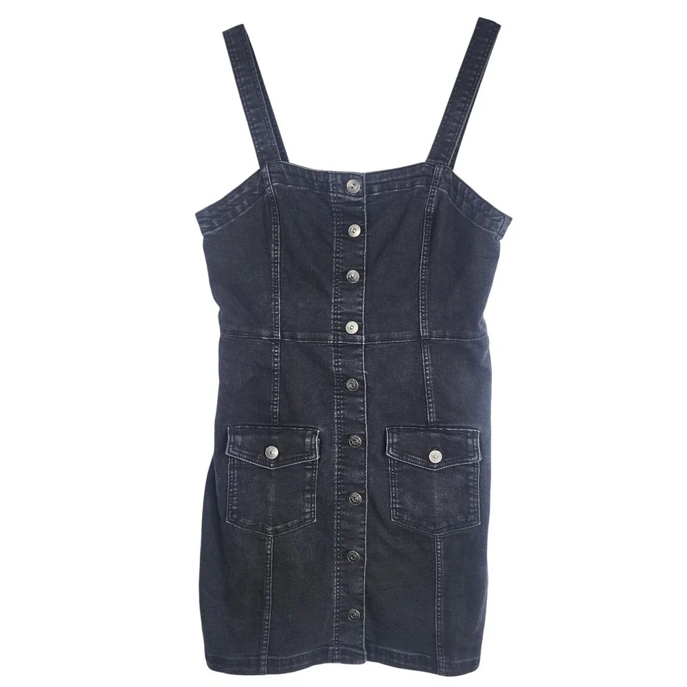 Y2K Womens Black Denim Mini Dress Sleeveless Grunge Retro 90s Dark Indie‎ Medium